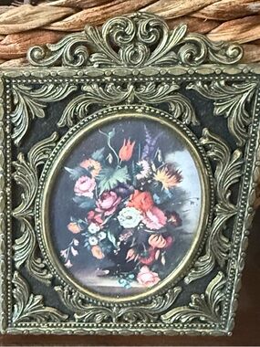 2 Vintage Italian Picture Frames Brass Ornate Floral Flowers with Black Velvet